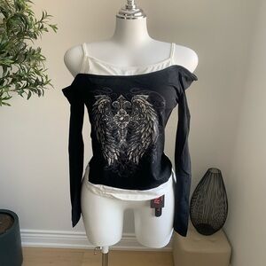 ROMWE Gothic Angel Wings Rhinestone Layered Top NWT